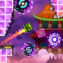 The cube flies past a purple temple and navigates through sharp saw blades