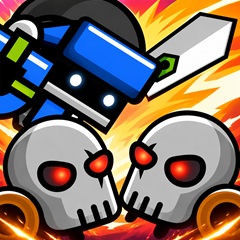 Robot swordsman confronts two flaming skulls
